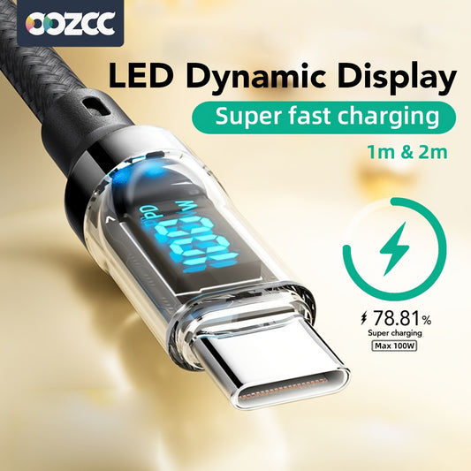 Speedy 100W USB Type C cable with LED display, PVC/Nylon construction, round shape, and fast charging capability for car use.