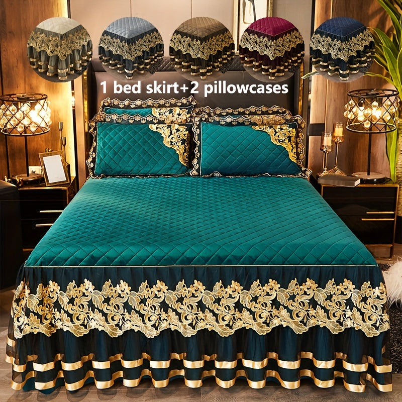 3-piece set of solid color bed skirts with lace detail, including 1 bed skirt and 2 pillowcases. Features a quilted layered design with elegant ruffled accents. The moisture-wicking, wrinkle-resistant mattress cover includes ties for easy removal.