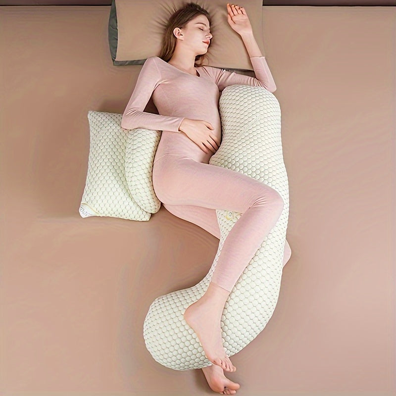 Soft maternity pillow for belly and waist support, designed for side sleeping and overall pregnancy comfort, perfect as a gift for special occasions like Christmas, Halloween, Thanksgiving, Easter, and New Year.