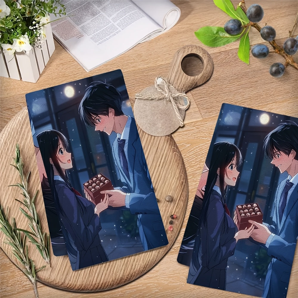 This set includes 2 ultra-soft kitchen towels showcasing a charming anime boy with black hair in a blue suit gifting a box of chocolates to his girlfriend. These highly absorbent dish towels are ideal for holiday decor, easy to clean in the washing