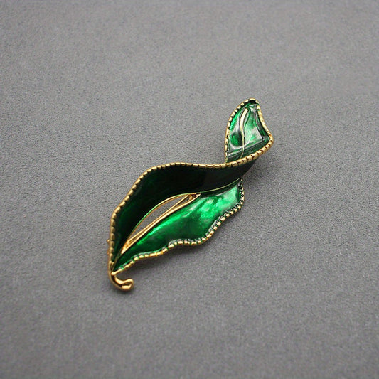 Vintage Green Leaf Enamel Brooch Pin, Botanical Flower Series Corsage Accessory - Unisex