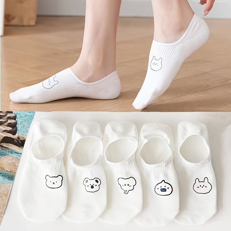 10 pairs of women's low-cut invisible socks with cartoon designs, non-slip and short.