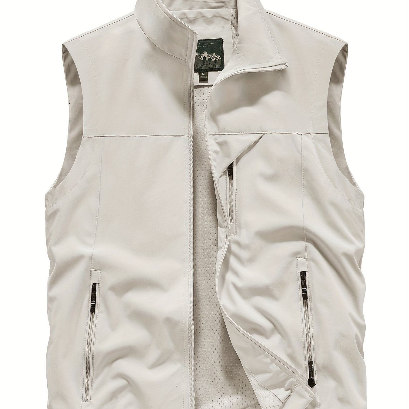 Men's sleeveless jacket with zipper pockets, stand collar vest for outdoor activities in spring, summer, and fall.