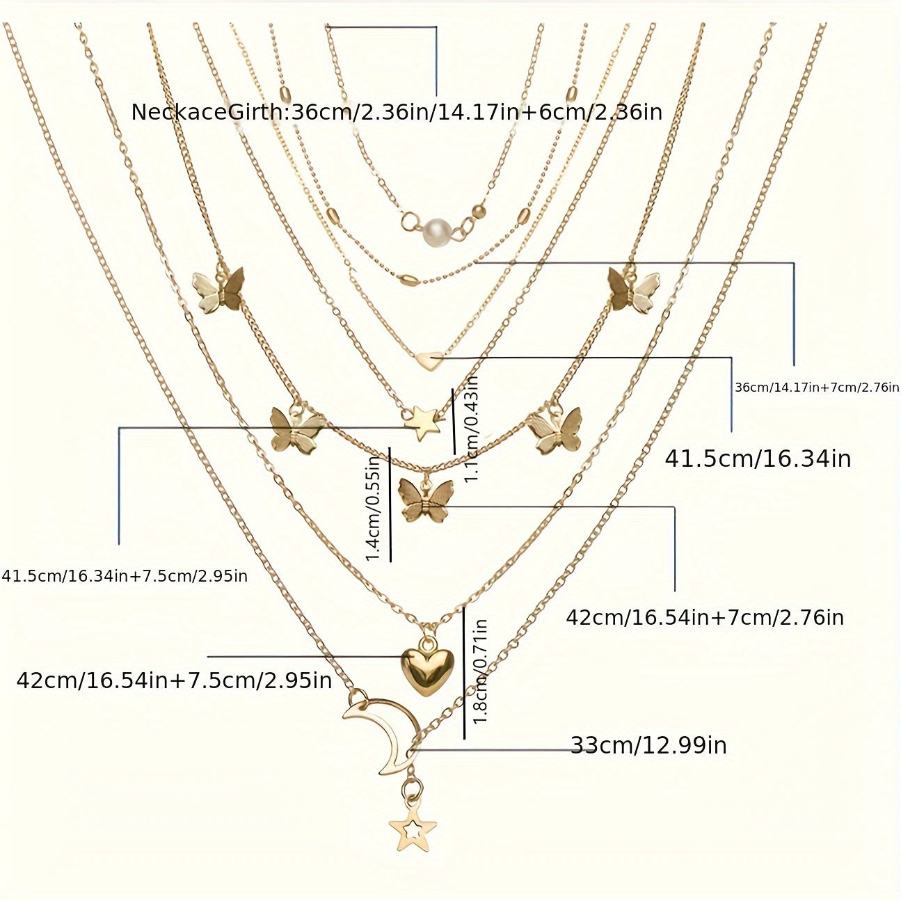 Set of 6 elegant pendant necklaces with butterfly, star, moon, and heart charms. Made of zinc alloy with no plating. Versatile fashion jewelry for women, perfect for daily wear or vacation.