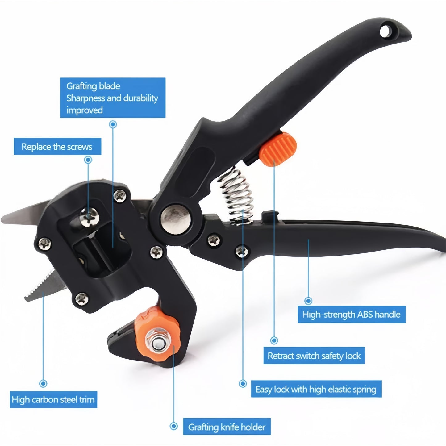 Gardening grafting tool set includes 3 cutting blades, screwdriver, small wrench, special storage bag, pruning shears, cutting knife, and grafting shears with 3 cutting types.