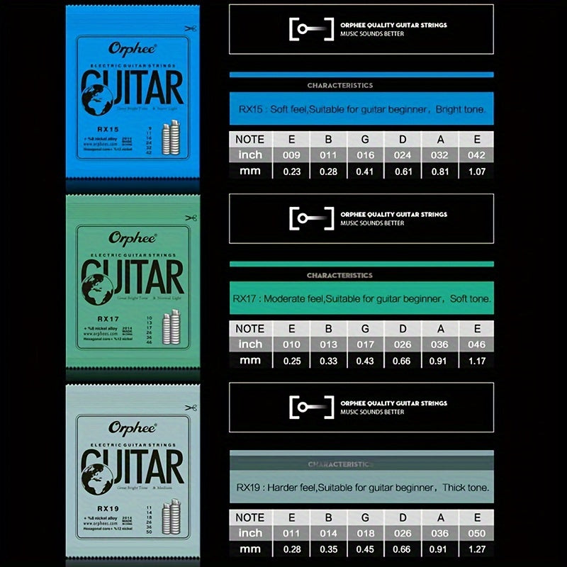 5 sets of 6 thick and thin electric guitar strings (0.23-1.27mm), RX Practice Series, made of hexagonal carbon steel for 6-string guitars.