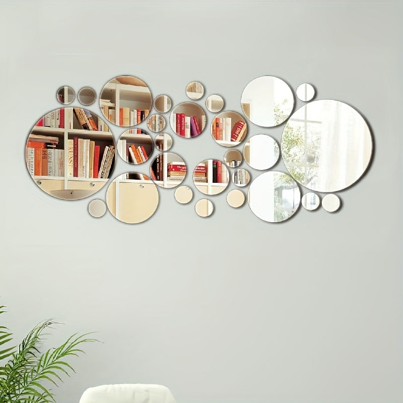 33 round 3D acrylic mirror wall stickers, self-adhesive and removable. Suitable for various rooms. Waterproof and no electricity required.