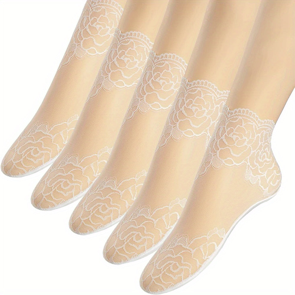 5 pairs of women's invisible boat socks featuring geometric-pattern lace floral trim, made of 95% polyester and 5% spandex knit fabric. Hand washable with contrast lace ankle socks.