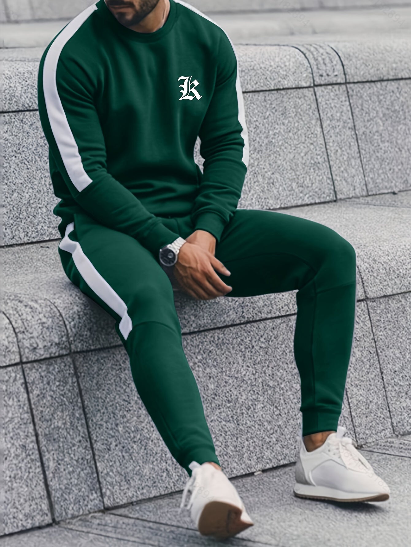 Men's casual sporty tracksuit with letter print in polyester, crew neck sweatshirt & joggers set for fall/winter