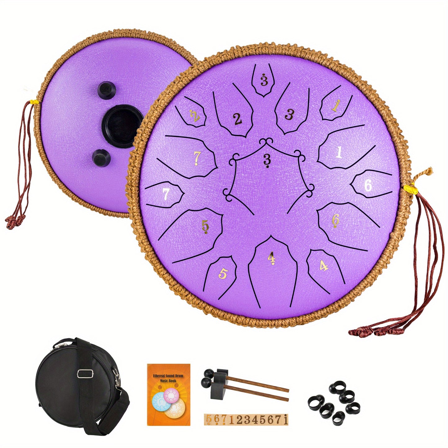 30.48cm D-Key steel tongue drum with 15 notes, carry bag, and accessories for yoga, meditation, concerts, and relaxation.