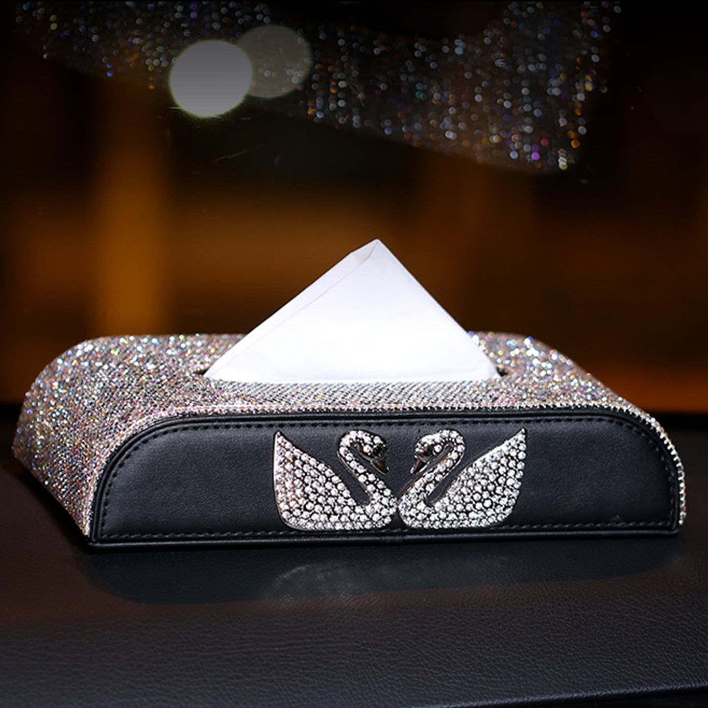 Sparkling Swan Rhinestone Car Tissue Box - Stylishly pump paper in your car!