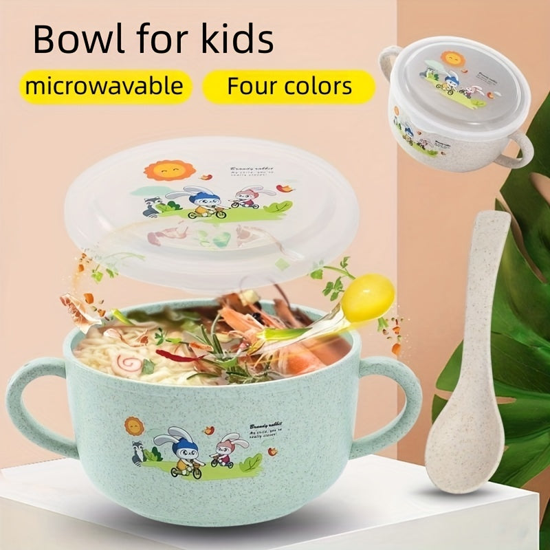 Cartoon-themed bowl with cutlery, insulated to prevent spills, featuring double handles and a lid. This versatile eating bowl is microwavable and perfect for serving fruits or snacks.