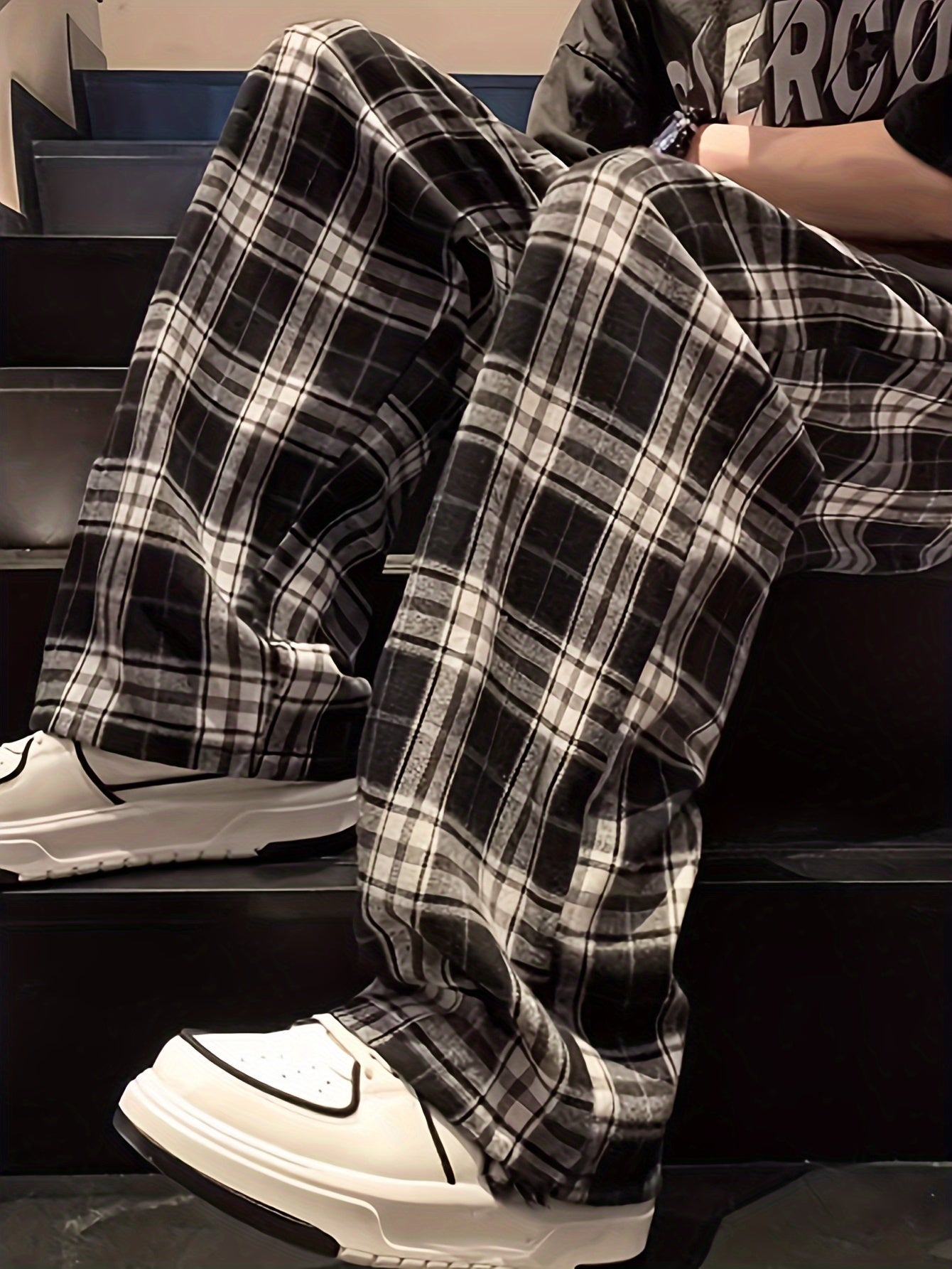 Men's casual plaid long pants with drawstring for casual wear.