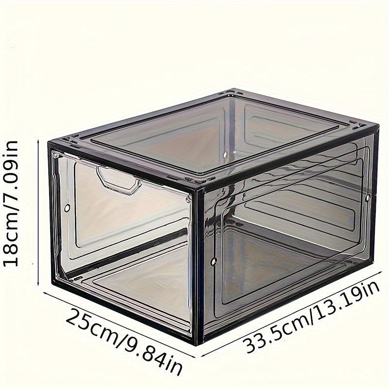 6-Pack Clear Plastic Shoe Organizer Boxes with Magnetic Closure, Waterproof Rectangle Sneaker Storage Display Cases, Multipurpose Stackable Shoe Organizers in Black.