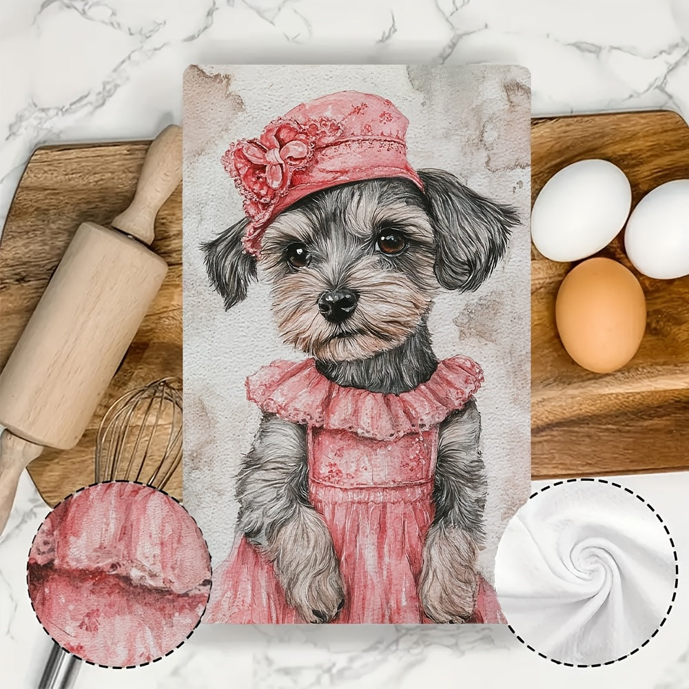 This set includes 2 ultra-soft kitchen towels with a cute Schnauzer puppy dressed up for Valentine's Day. The highly absorbent dish towels are great for holiday décor, machine washable, and measure 40.64x60.96 cm.