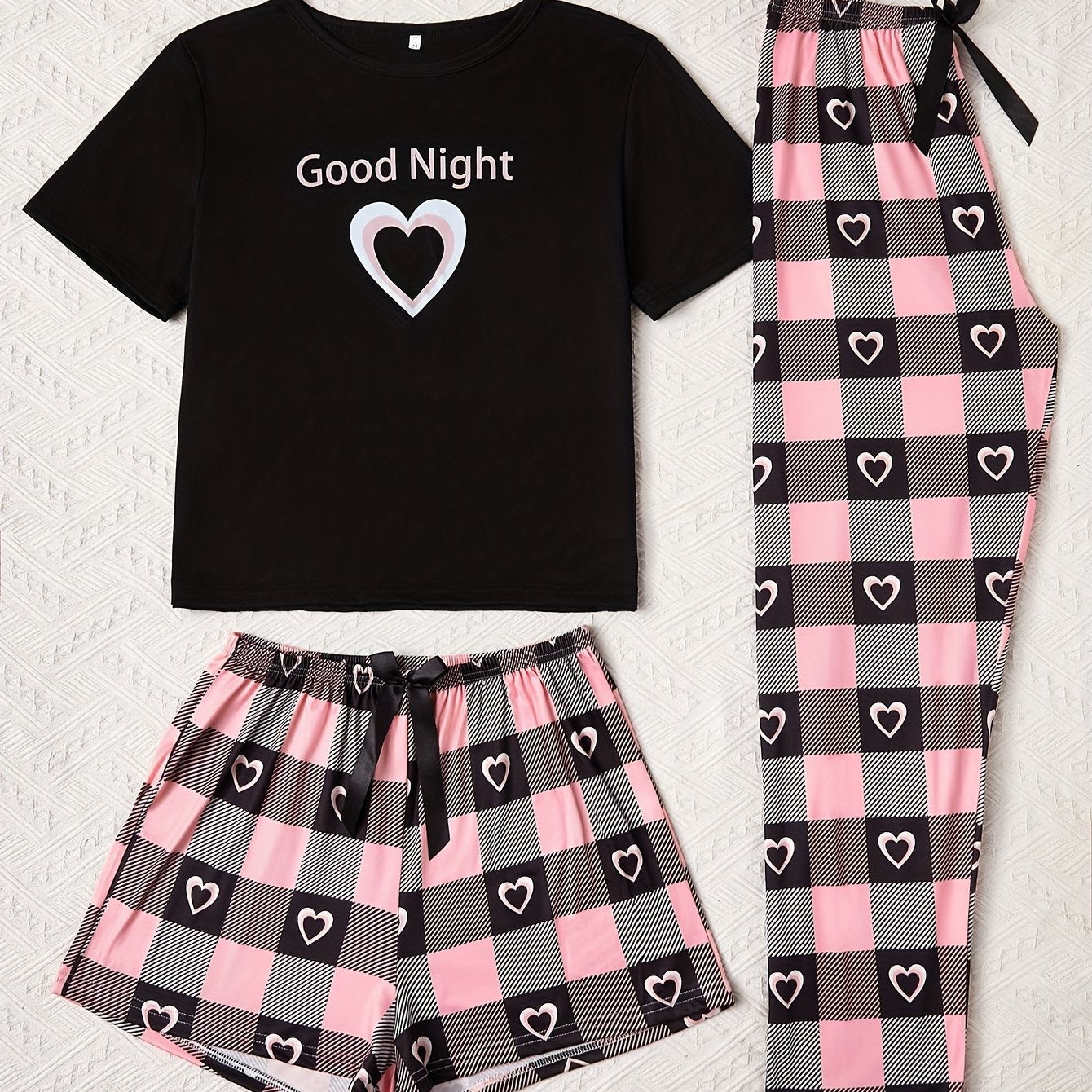 3-piece pajama set with romantic love print top, plaid shorts, and long pants with bow decoration.