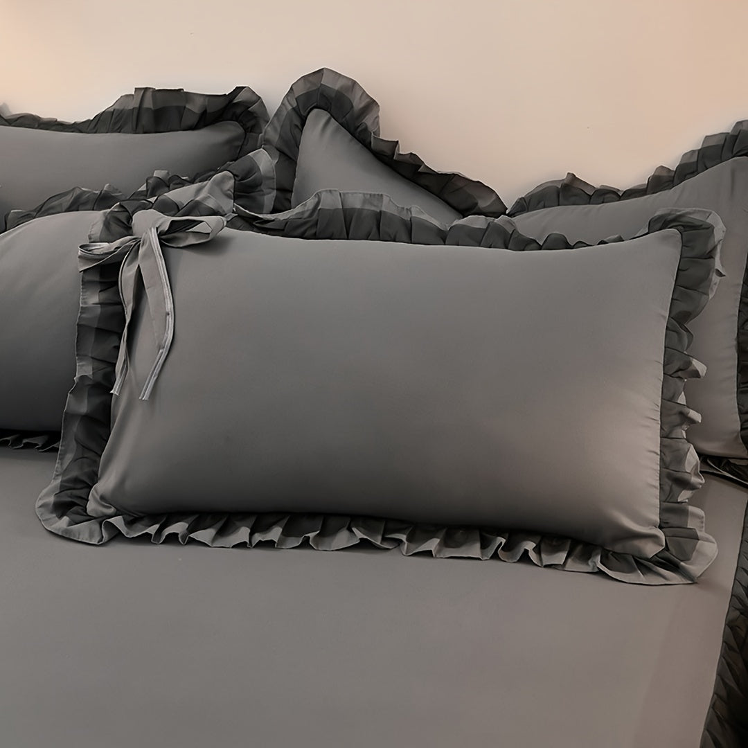 Single soft solid color brushed envelope pillowcase with lotus leaf lace, suitable for living room sofa or bedroom. Includes 1 piece of pillow cover.