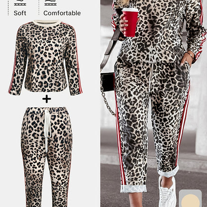 Plus size leopard print two-piece set with soft knit top and pants, drawstring waist, casual style, stretchy fabric.