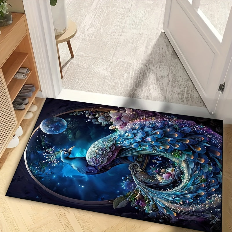 1 piece Vibrant Peacock Pattern Area Rug - Non-Slip, Machine Washable Polyester Rug with Luxurious Crystal Velvet Texture - Ideal for Gaming Rooms, Dorms, Teenage Bedrooms & Halloween Decor, Peacock Theme