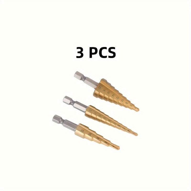 3-piece set of titanium-coated, high-speed steel step drill bits for precision drilling in wood and metal, suitable for home DIY and professional use.