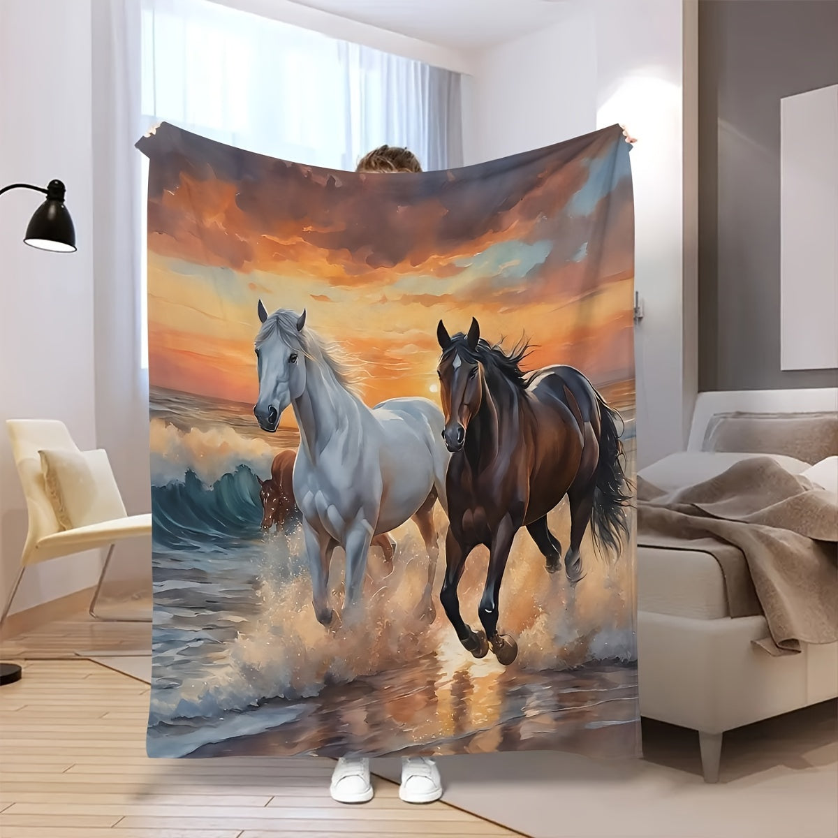 Modern digital print flannel throw blanket featuring two majestic horses - a versatile knitted polyester shawl for use on sofa, bed, office, and camping. This all-season blanket can be machine washed and used for various purposes with an animal theme.