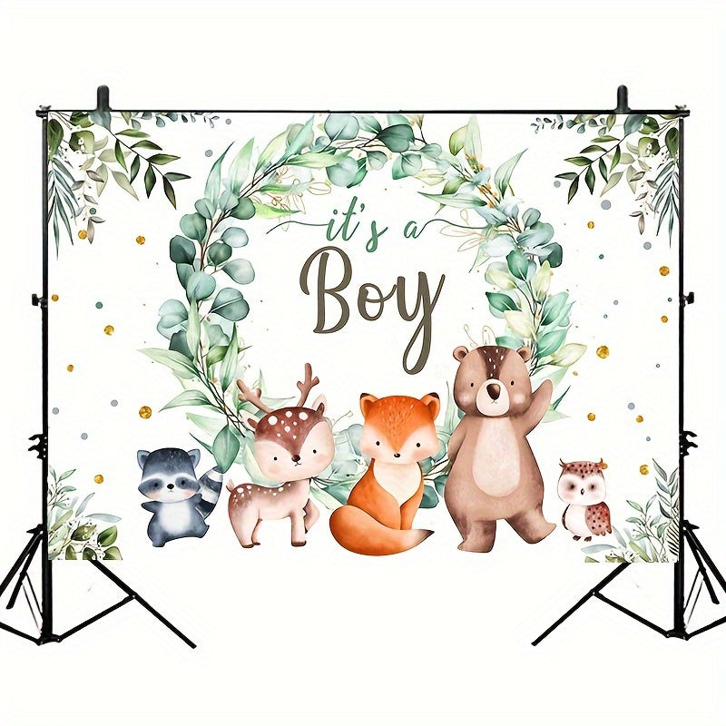 Woodland Baby Shower Background featuring green garland, fox, bear and wild animals for boy baby shower photography.