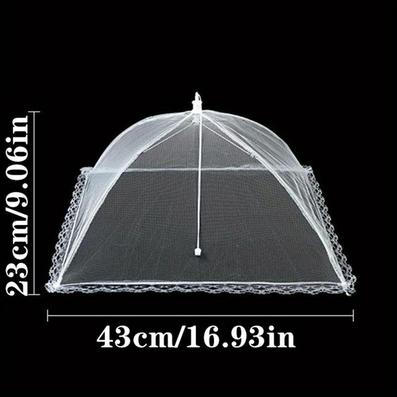 Stay protected from dust, flies, and mosquitoes with our convenient Foldable Umbrella-Shaped Food Tent Cover. Featuring a stylish lace design, this collapsible and portable anti-mosquito mesh cover is perfect for use at home, while camping, or in