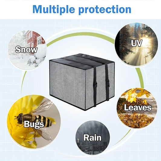 Easily install the waterproof outdoor window AC cover, measuring 43.18cm x 30.48cm x 33.02cm. This cover protects your AC against cottonwood, leaves, and debris with its ventilated mesh design.