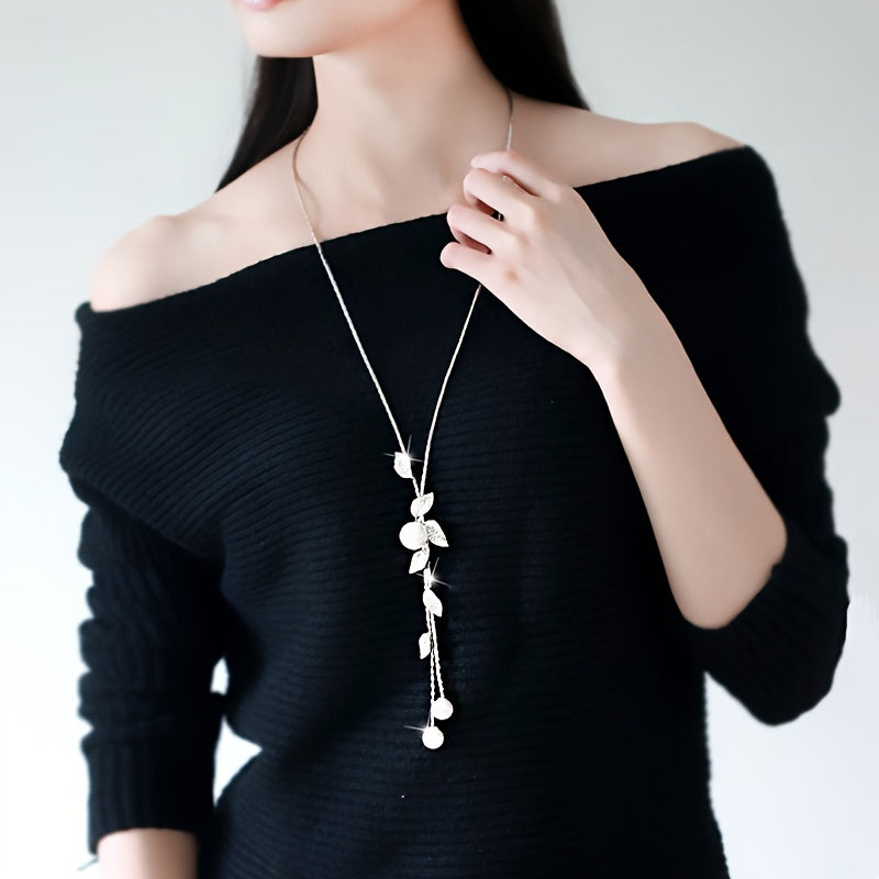 Long Sweater Chain Necklace with Imitation Pearl Leaf Tassel Pendant, Feminine Clothing Accessory