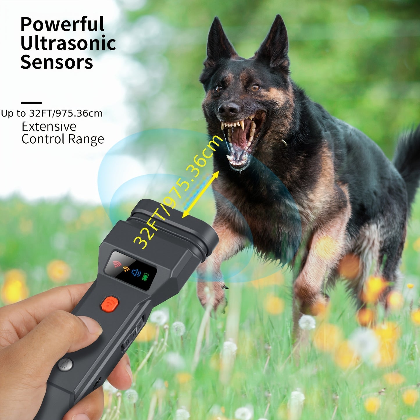 Soundwave technology Dog Repeller with 3 emitters, beep sound, and flashlight for outdoor use.