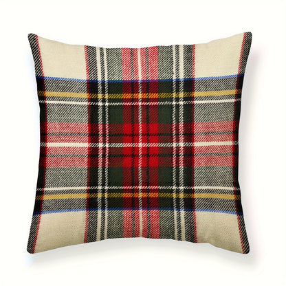 Red & green plaid pillowcase with classic Christmas design, polyester linen blend, zip closure. Ideal for home & party decor. Pillow insert not included.