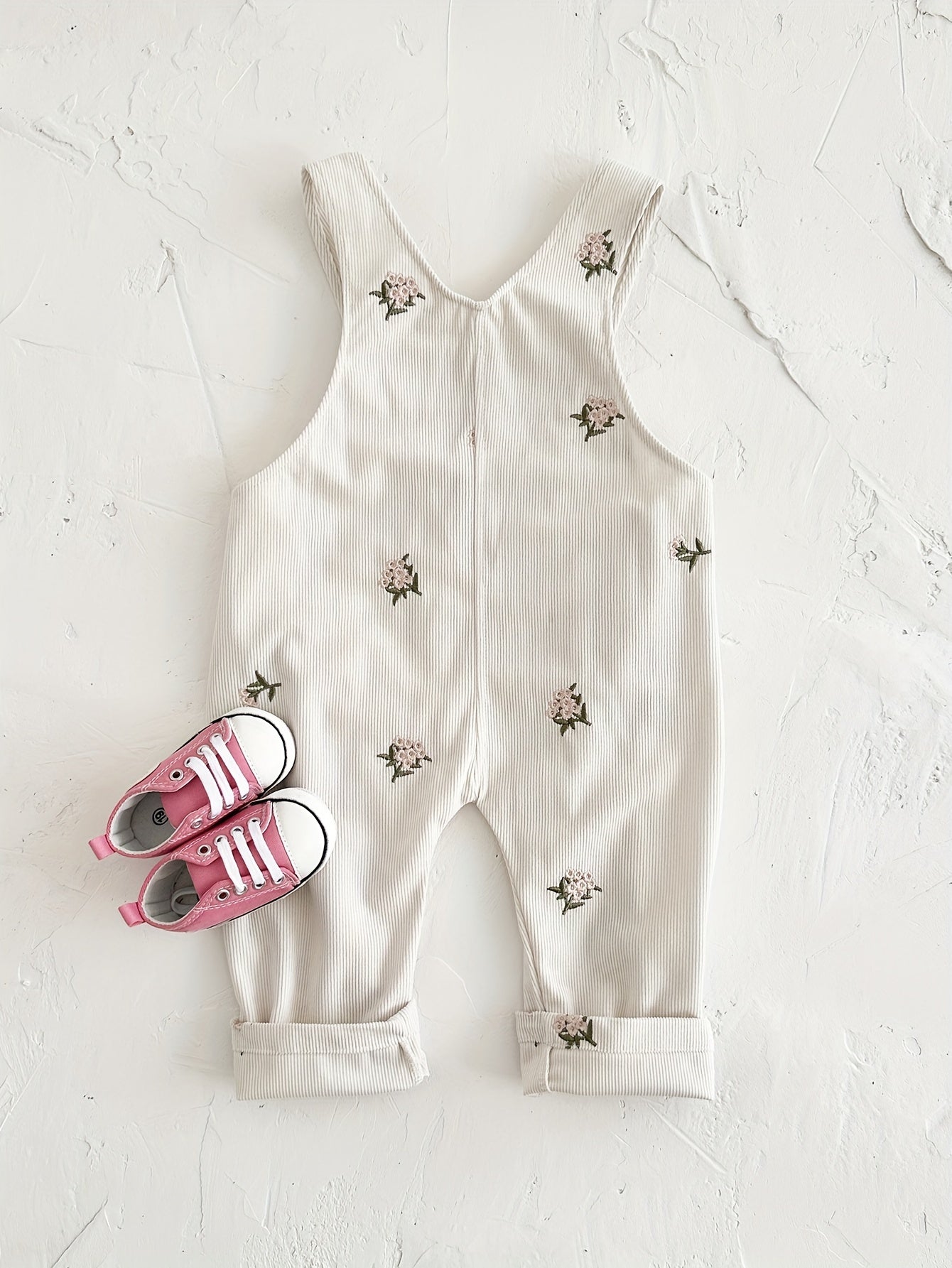 Infant & toddler girl's flower embroidery overalls, perfect for outdoor wear in spring and fall.