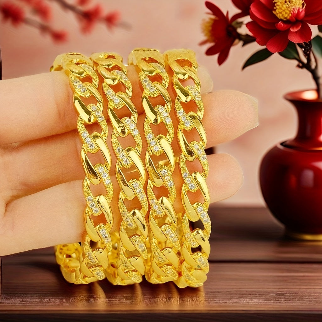 Luxurious set of 4 bohemian style bangles made of 24K gold plated copper adorned with synthetic zirconia. Featuring a fashionable design perfect for weddings, parties, and banquets. Makes a great gift for the Spring Festival, suitable for all seasons.