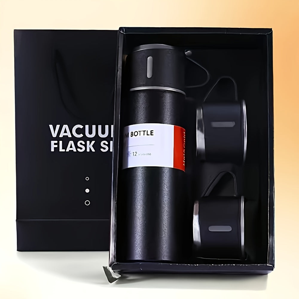 Gift-ready Stainless Steel Vacuum Insulated Water Bottle Set with 3 Cup Lids. This 500ml Travel Thermal Mug keeps drinks hot or cold for hours, making it ideal for both summer and winter use. The set is food contact safe, making it a perfect gift option.