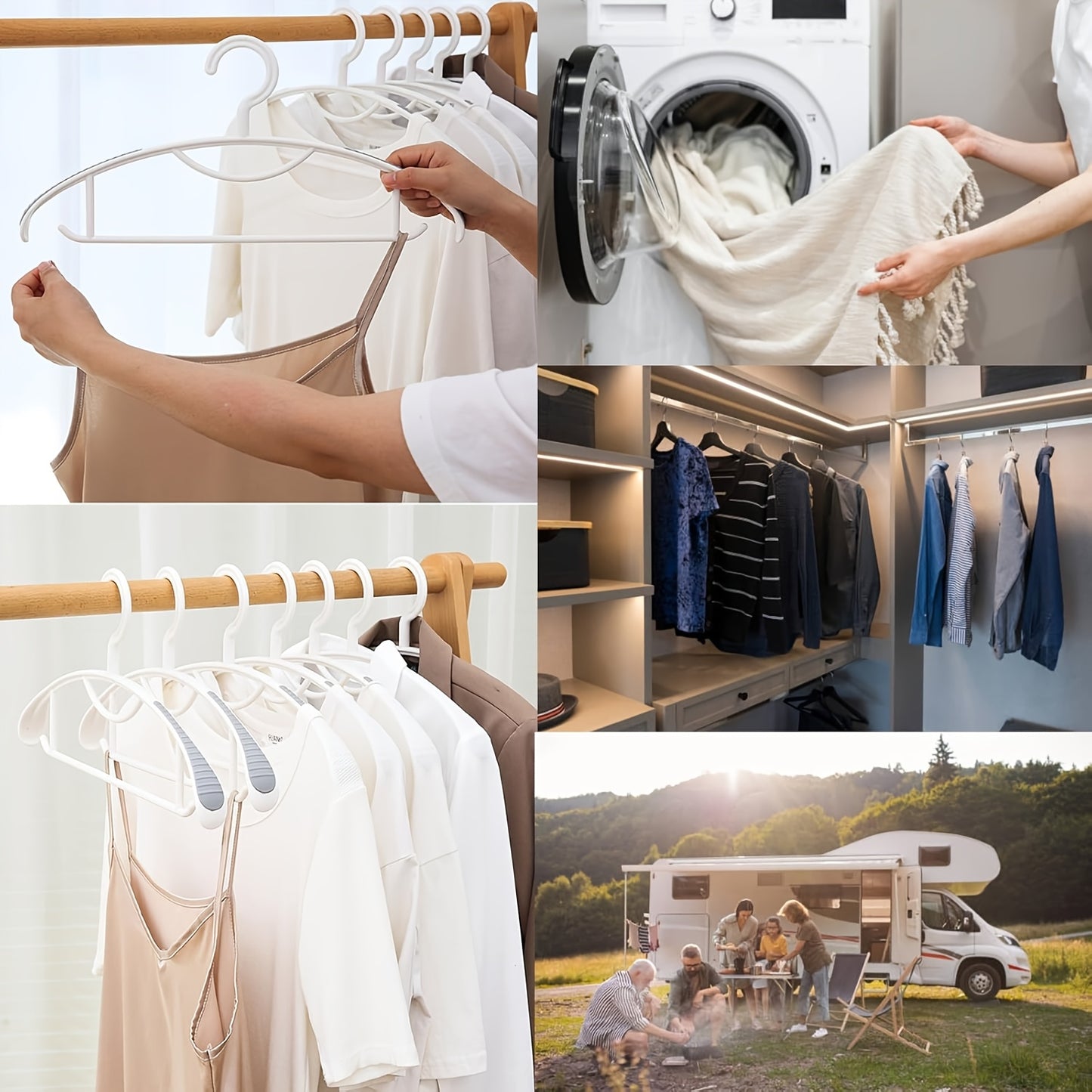 Set of 10 no-mark hangers ideal for drying and storing clothes without deforming or slipping.