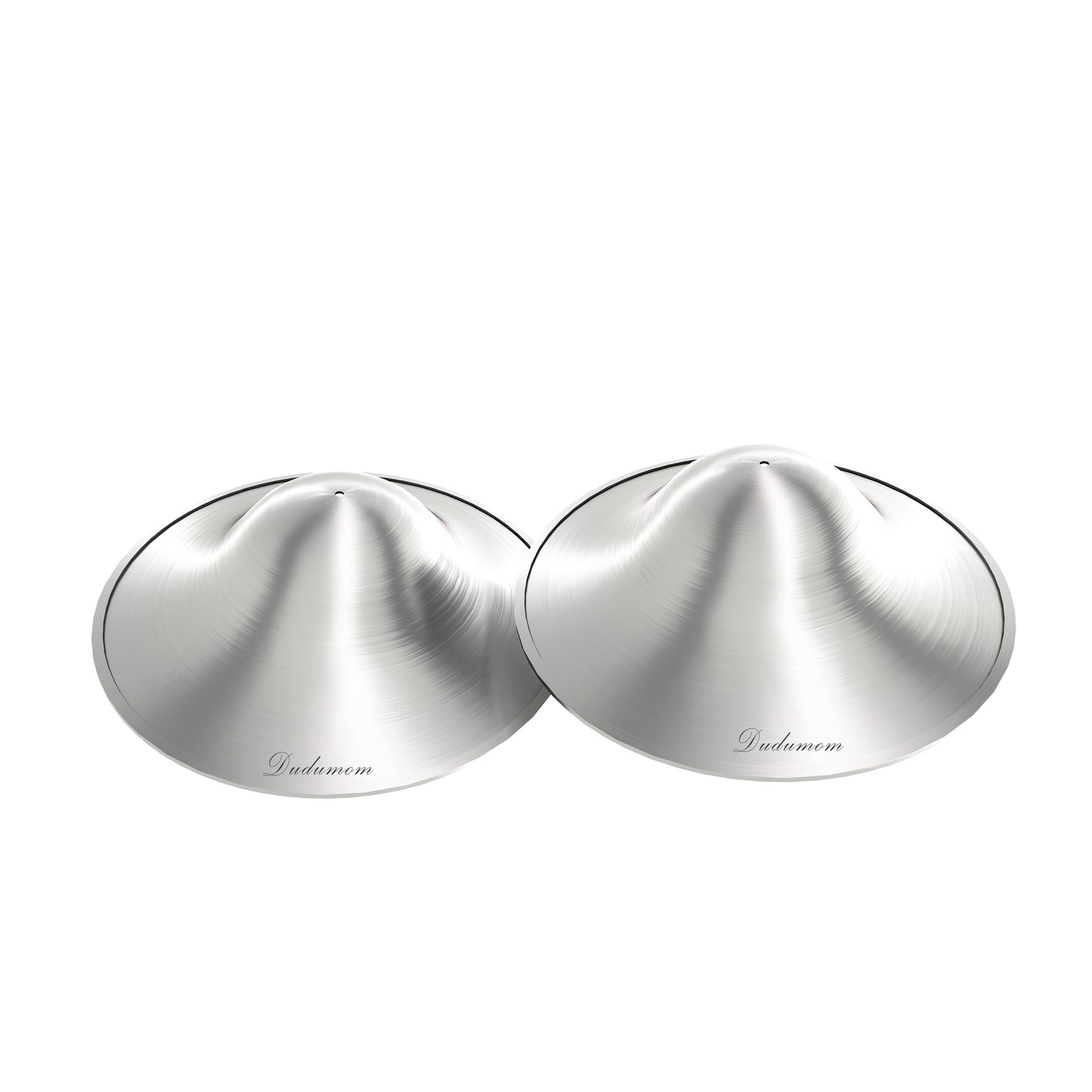 A set of two regular size silver nursing cups, designed as nipple shields for nursing mothers.