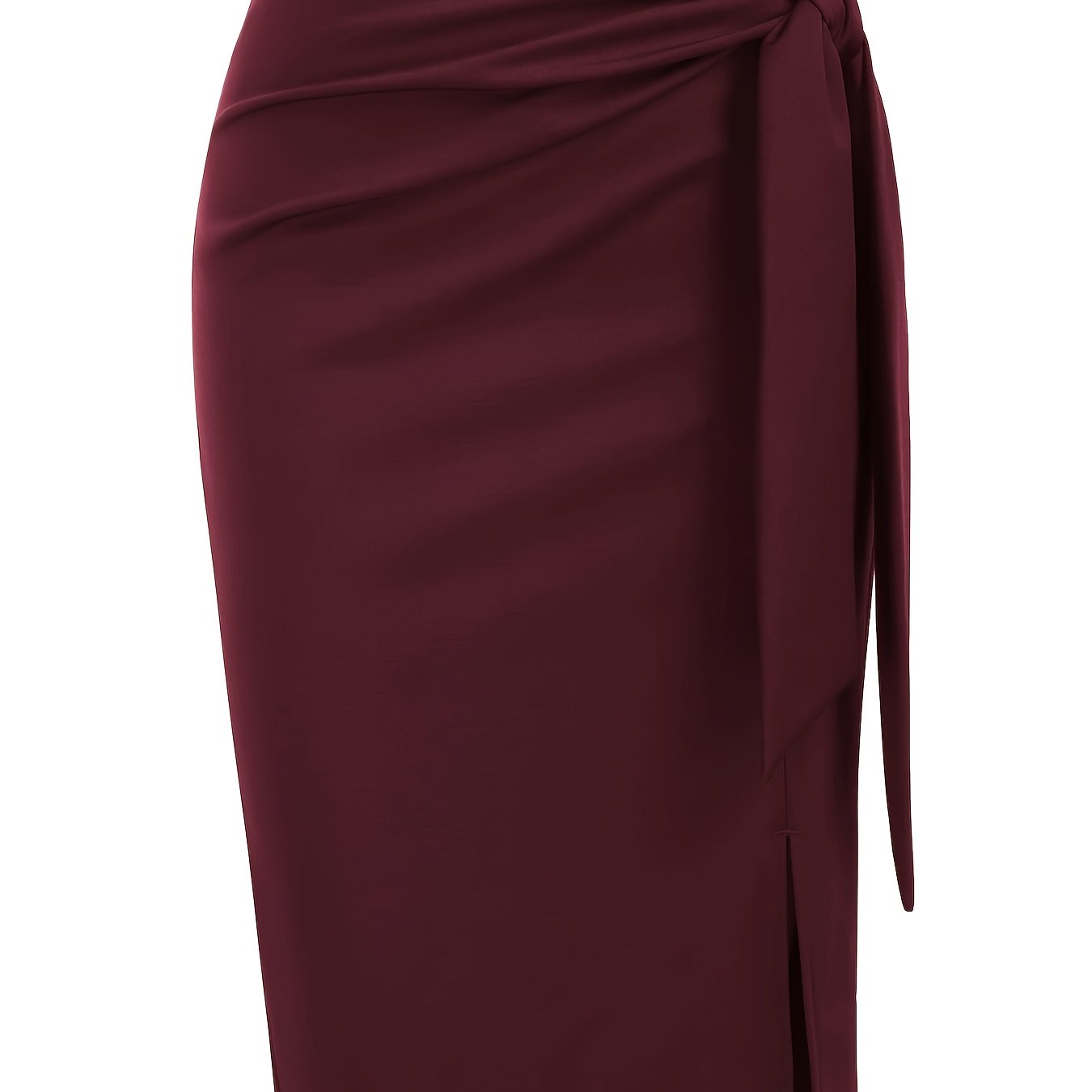 Chic high-waisted knee-length skirt with bow and slit for women.