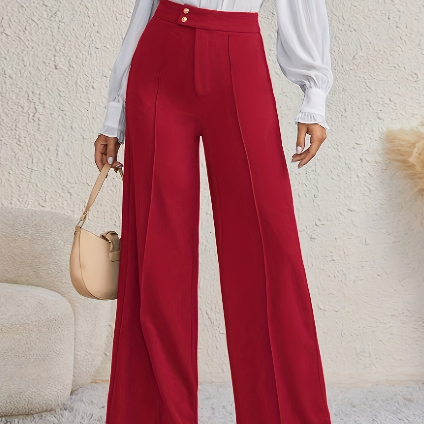 Women's High-Waisted Palazzo Pants - Elegant, Wide-Leg, Button Fly, Suitable for Work and Casual Wear