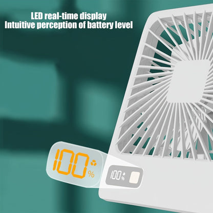 Portable desk fan with battery power, USB charging. 1800mAh tilt folding personal fan, with 180° ultra wide angle. Features 5-speed ultra-quiet operation with power display. Ideal for home, office, and travel use.