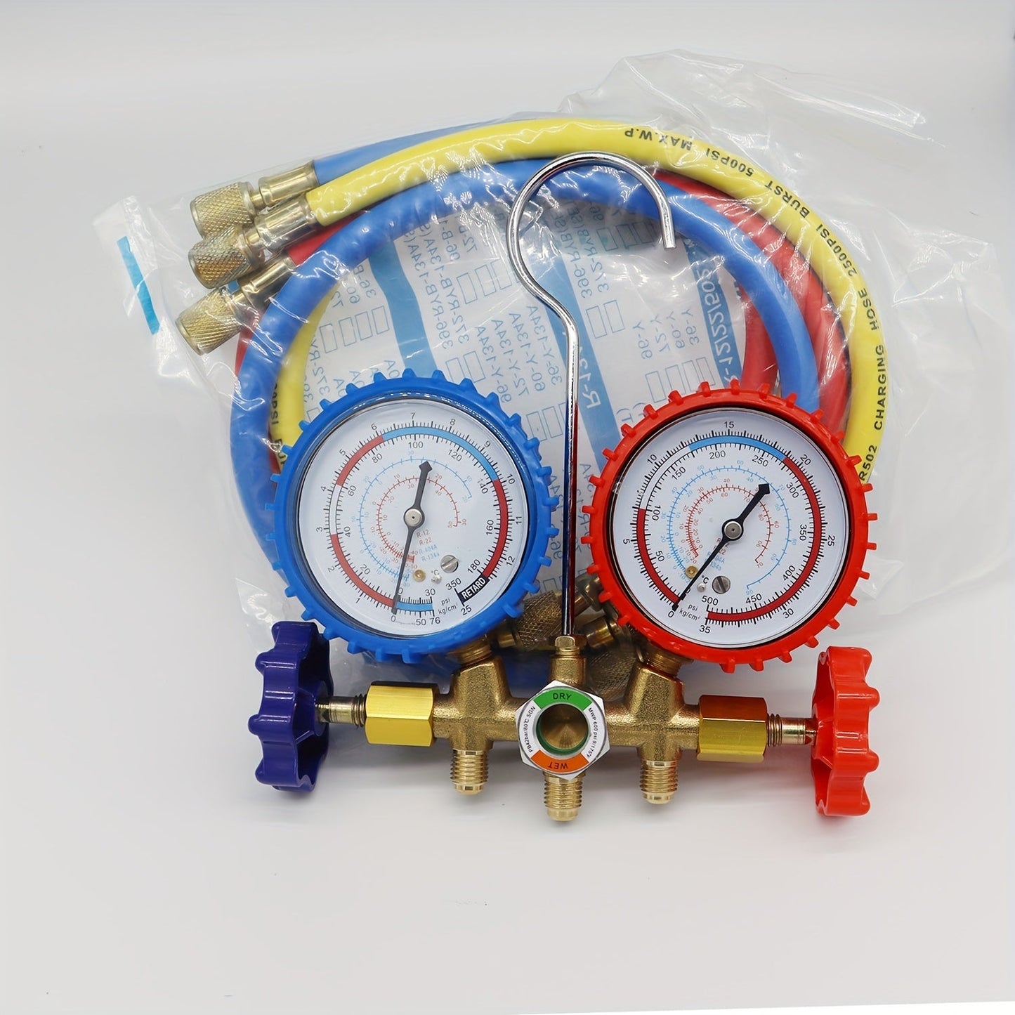 HVAC & Auto 3-Way AC Manifold Gauge Set - Refrigerant Charging Tool with Quick Couplers and Valve Core Kit - Works with R404A, R134A, R12, R22 refrigerants