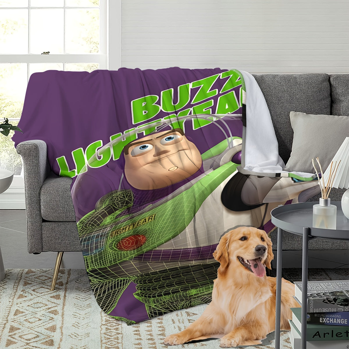 Buzz Lightyear, the adventurous astronaut in green, is enjoying playtime with his green dinosaur friend. His playful demeanor is evident in his exaggerated expressions, reflecting his childlike innocence. Happily seated on a vibrant purple blanket, he