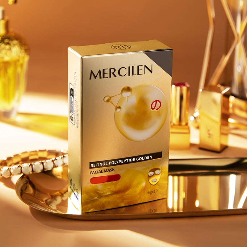 MERCILEN Retinol Polypeptide Golden Facial Mask - 10pcs, 6g each. Deep cleanse, firm, and moisturize for smooth, radiant skin. Contains Hyaluronic Acid & Vitamin E. Suitable for all skin