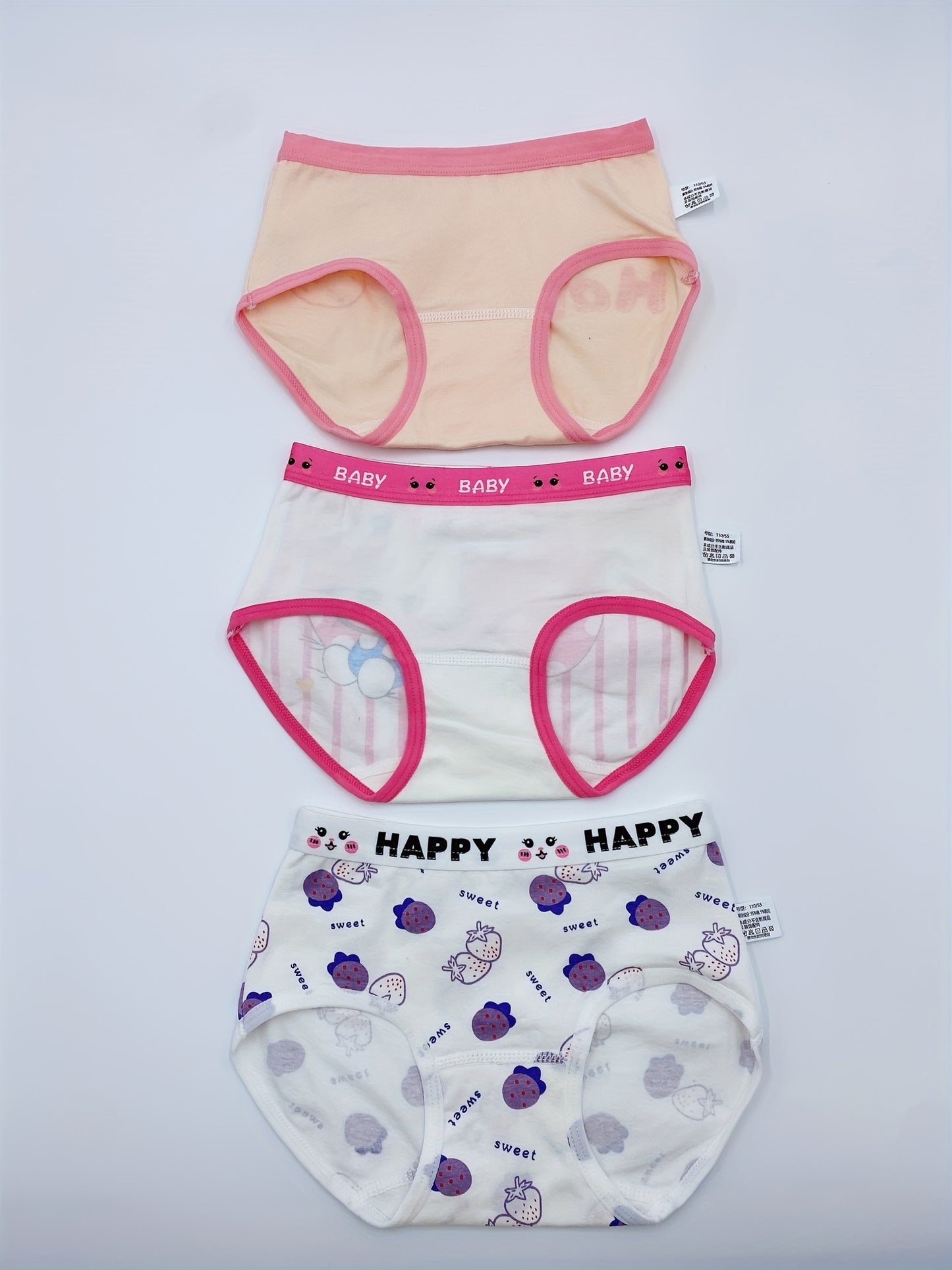 3-piece girls' cotton underwear set featuring cute cartoon tank tops and briefs, suitable for all seasons with a breathable comfort fit.