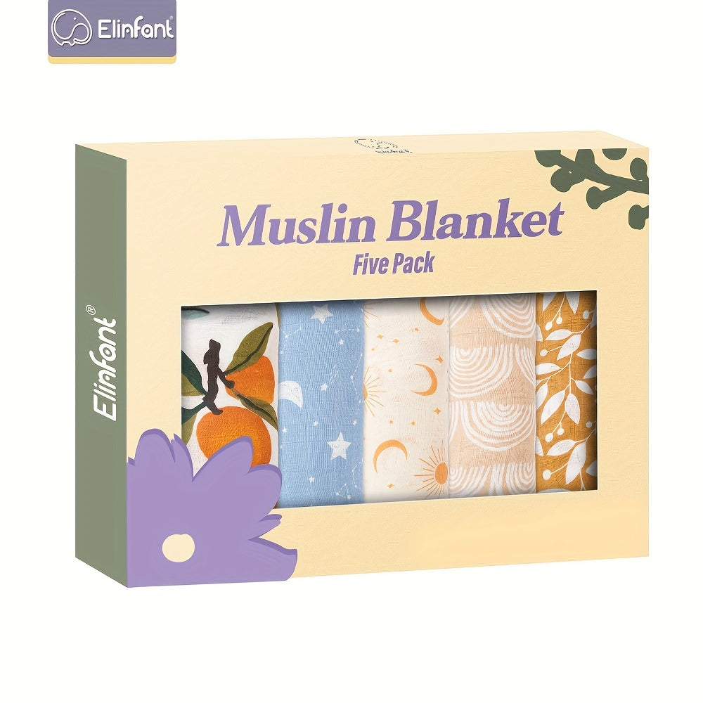 Elinfant offers a set of 5 soft muslin children's bibs in an orange rainbow moon print. The set also includes 59.94cm square burp cloths for children.