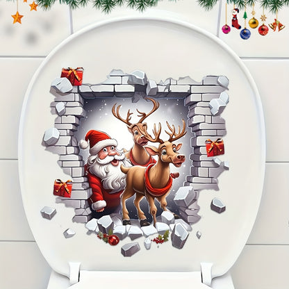 Christmas Santa & Reindeer Toilet Lid Sticker - Waterproof and Removable, Festive Holiday Decoration - 1 Piece