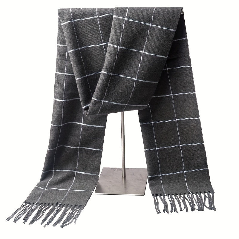 Men's imitation cashmere scarf with tassel detail in a fashion forward plaid pattern, perfect for couples looking to stay warm and stylish during the fall and winter months.