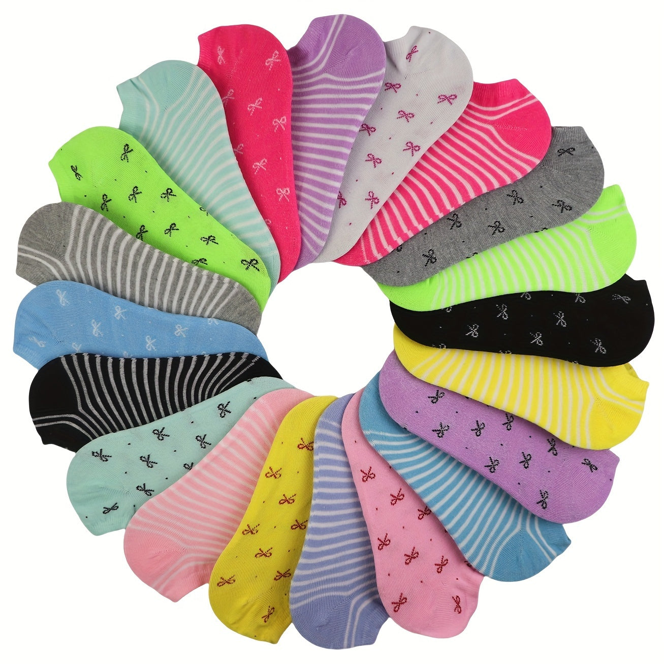 20 pairs of candy-colored, lightweight, and breathable low cut ankle socks for women.