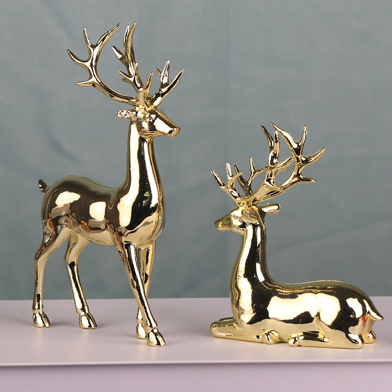 Luxurious gold-plated Christmas reindeer statues - perfect for home decor, wine cabinet display, holiday tabletop accents, and as a gift.