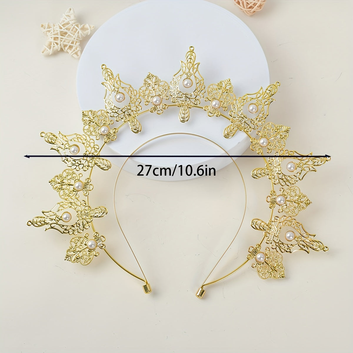 One piece of fashion vintage hair accessory - Goddess Crown Tiara featuring faux pearl metal and a golden crown headband hairband.