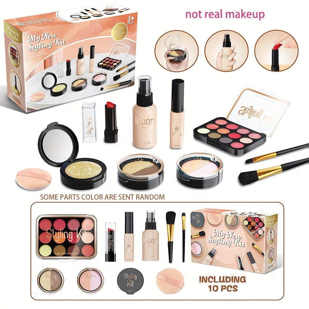 Children's pretend makeup set with 10pcs including mirror, eye shadow palette, lipstick, and powder compact. Perfect for birthday parties and makeovers. Ideal gift for little girls